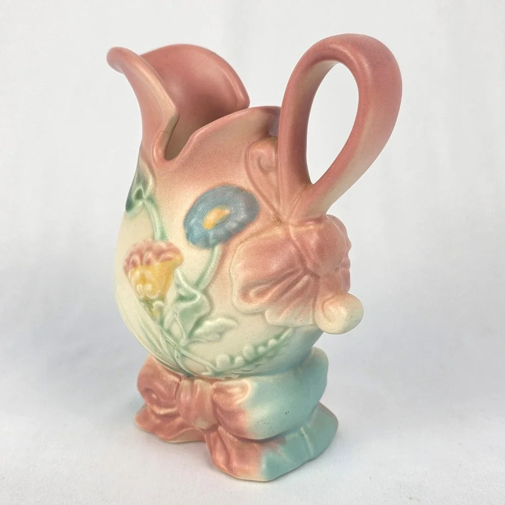 Hull Art USA Pottery‎ Pitcher Vase Flowers Bow Pink Blue Cream 6.25" Cracked - Picture 6 of 14